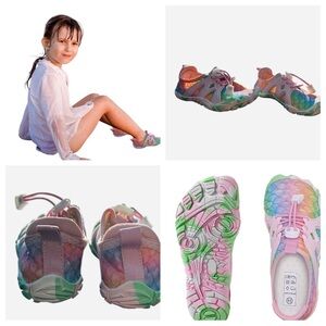 WateLves kids' wide barefoot water shoes in a rainbow mermaid scale pattern.